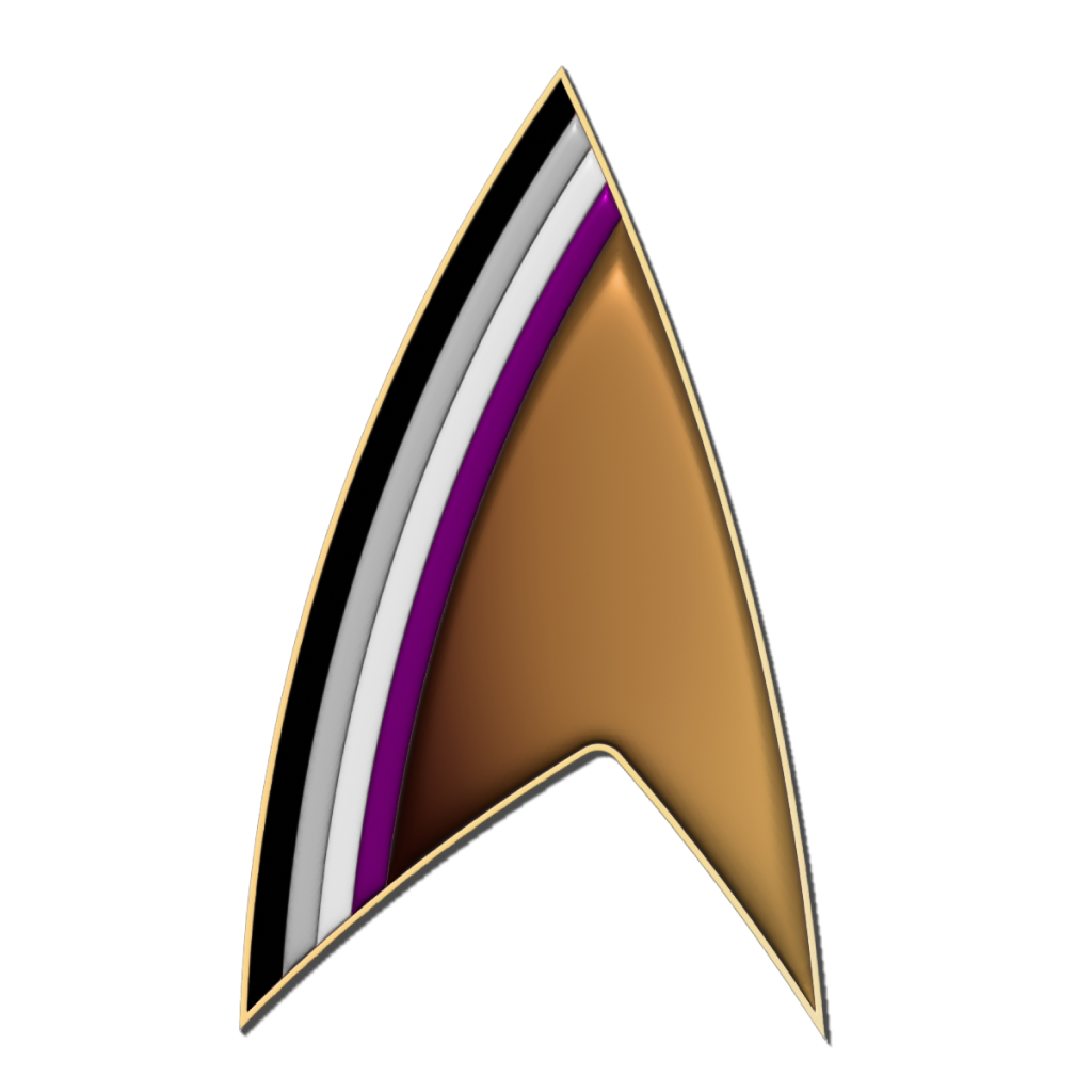 A Starfleet delta symbol in asexual pride colours.