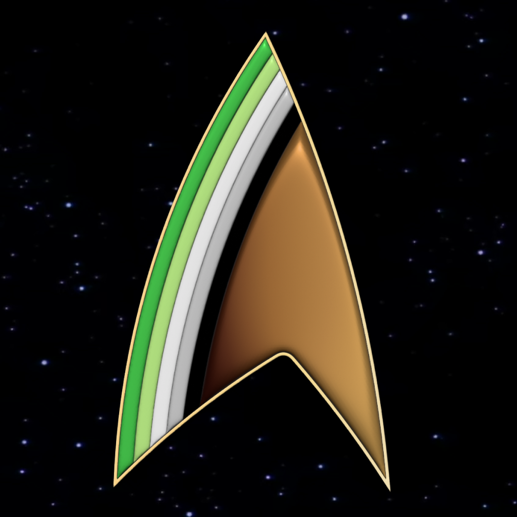 A Starfleet delta symbol in aromantic pride colours.