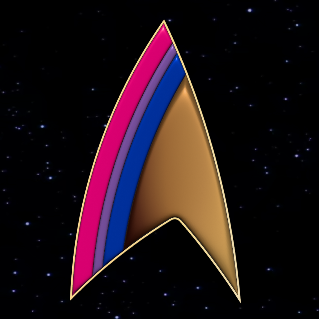 A Starfleet delta symbol in bisexual pride colours.