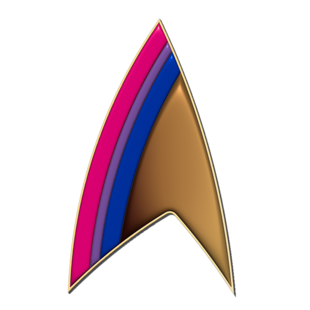 A Starfleet delta symbol in bisexual pride colours.