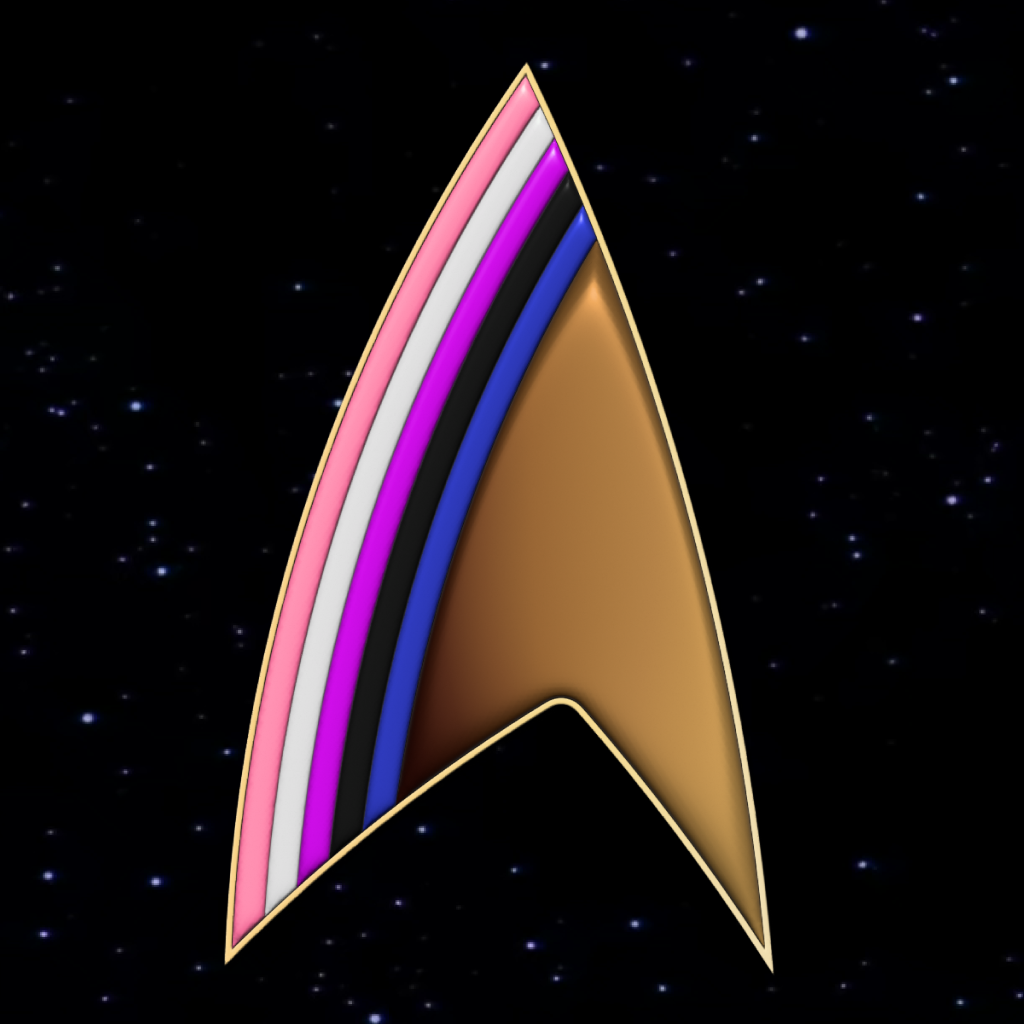 A Starfleet delta symbol in genderfluid pride colours.