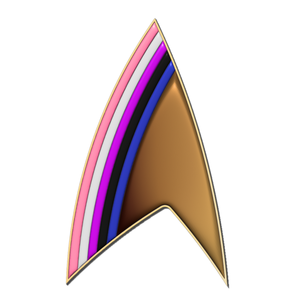 A Starfleet delta symbol in genderfluid pride colours.