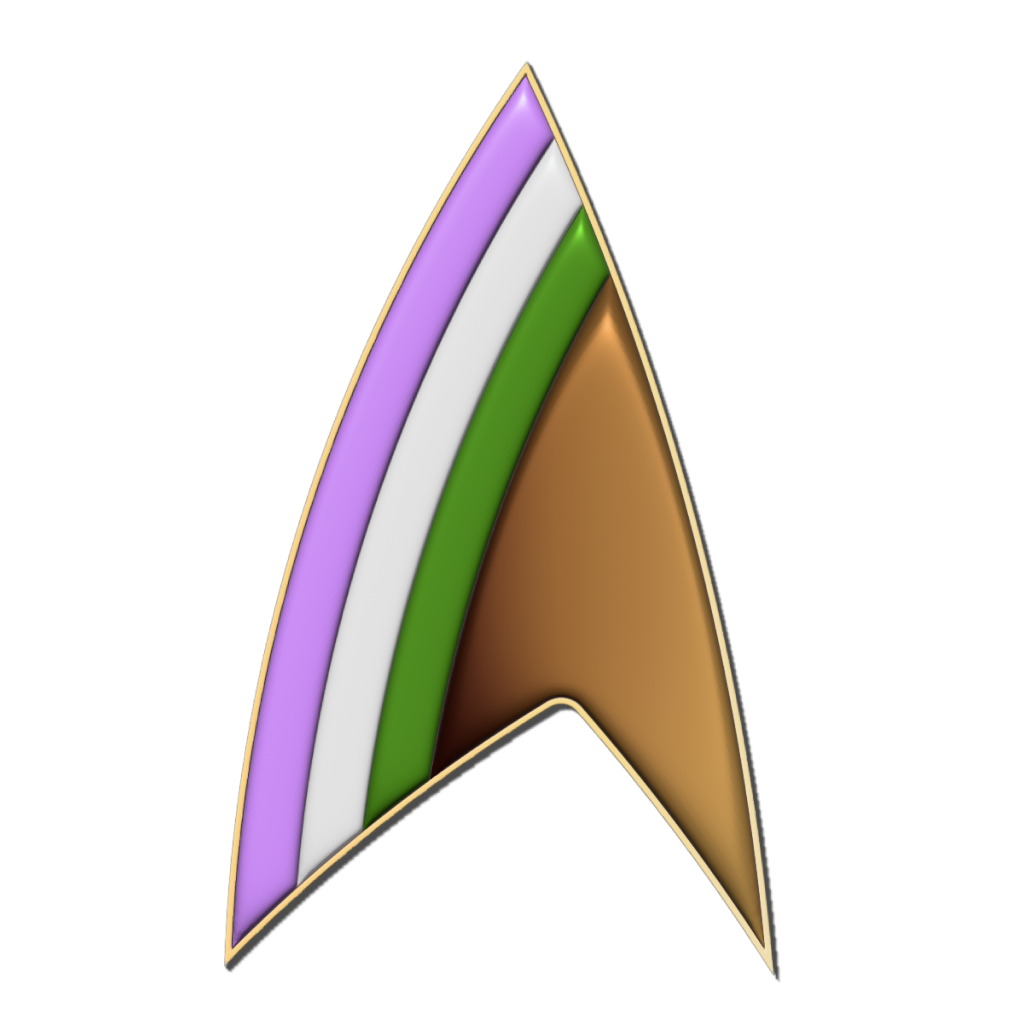 A Starfleet delta symbol in genderqueer pride colours.