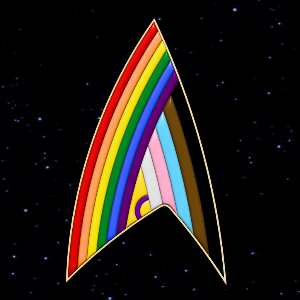 A Starfleet delta symbol in LGBTQ+ inclusive pride colours.