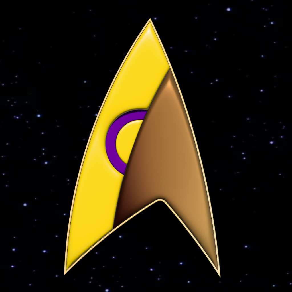 A Starfleet delta symbol in intesex pride colours.