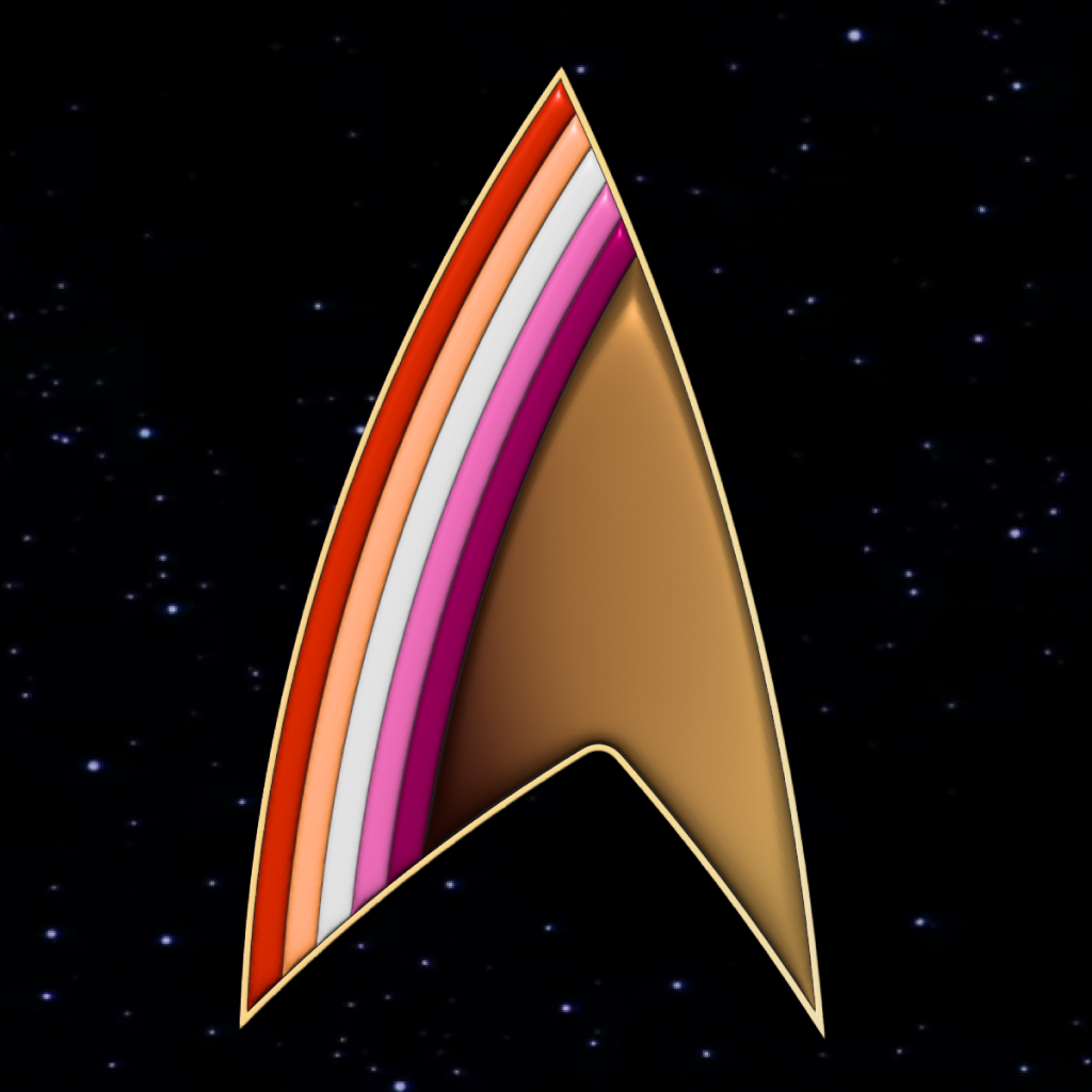 A Starfleet delta symbol in lesbian pride colours.