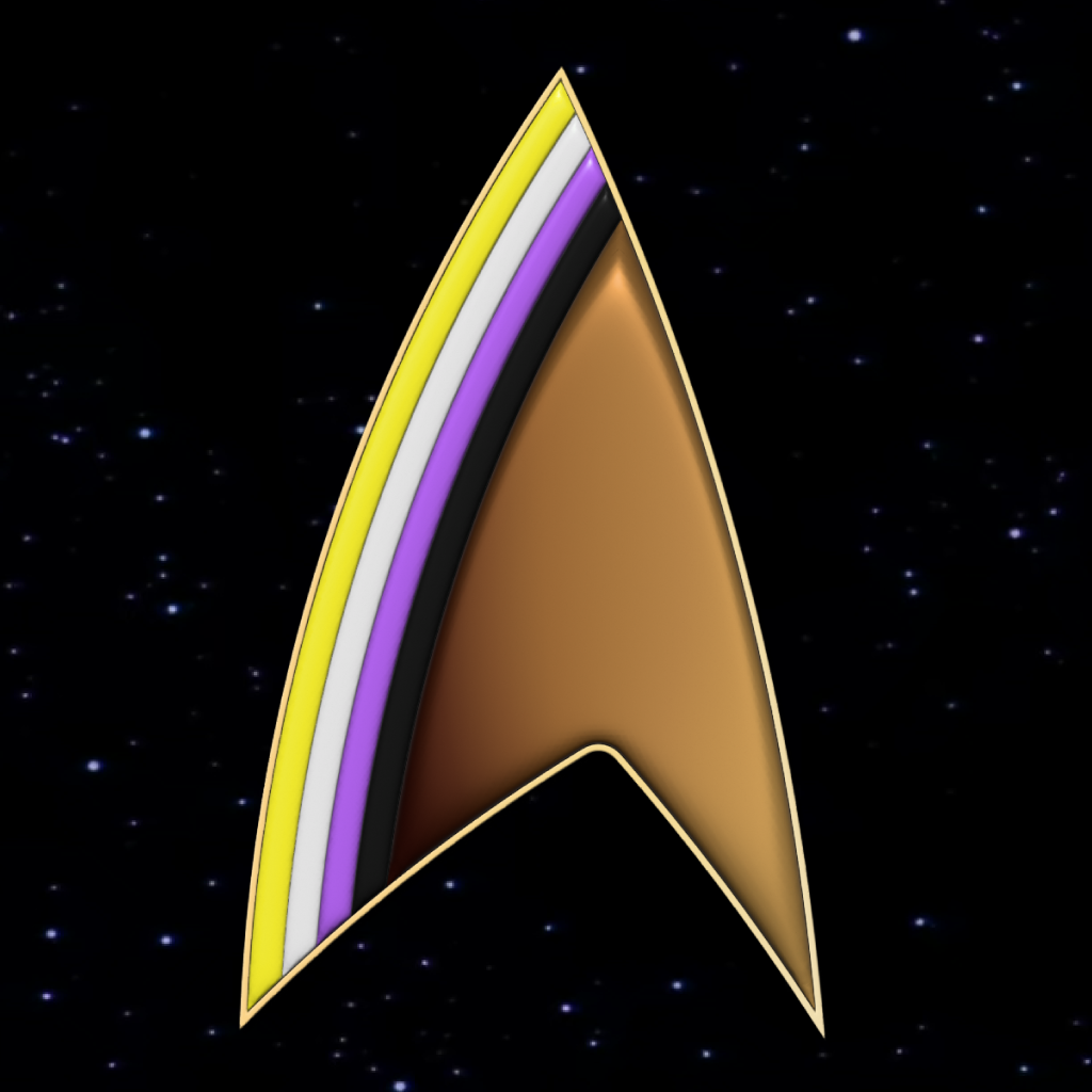 A Starfleet delta symbol in nonbinary pride colours.