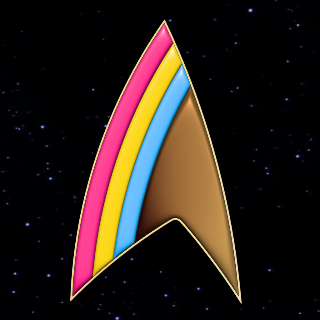 A Starfleet delta symbol in pansexual pride colours.