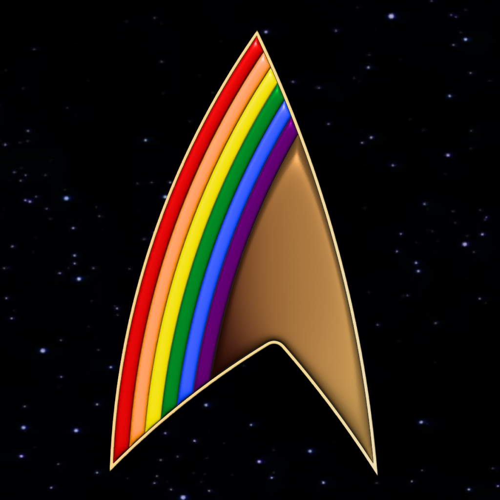 A Starfleet delta symbol in rainbow pride colours.