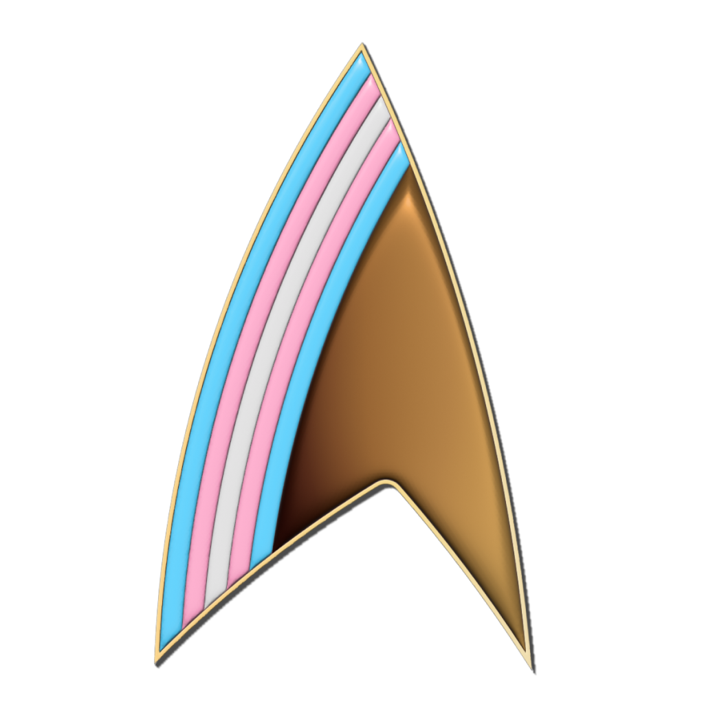 A Starfleet delta symbol in transgender pride colours.